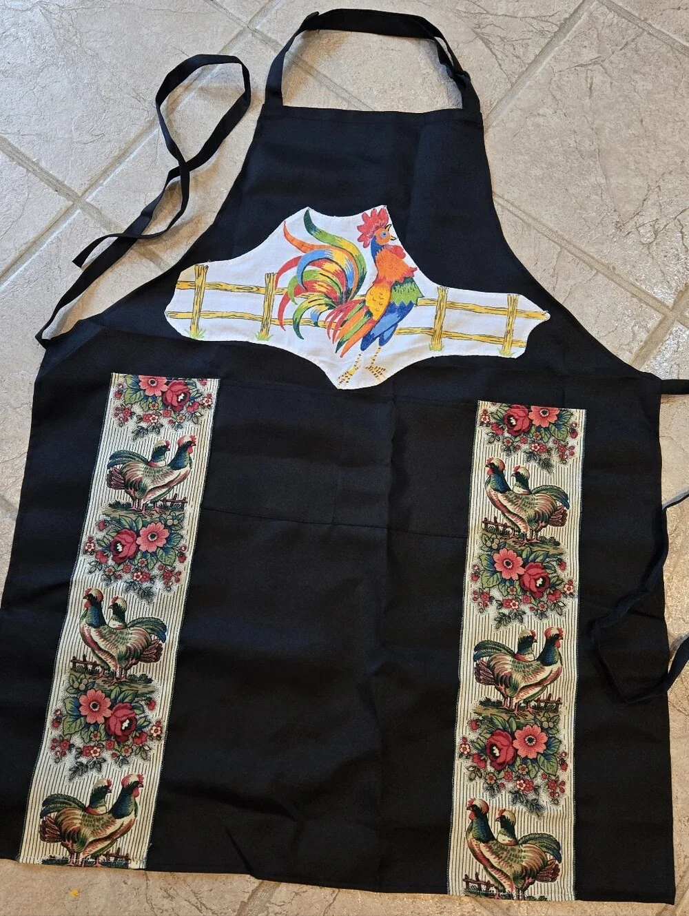 Upcycled Full Black Chef Apron One Sz Roosters Dont Throw It Out